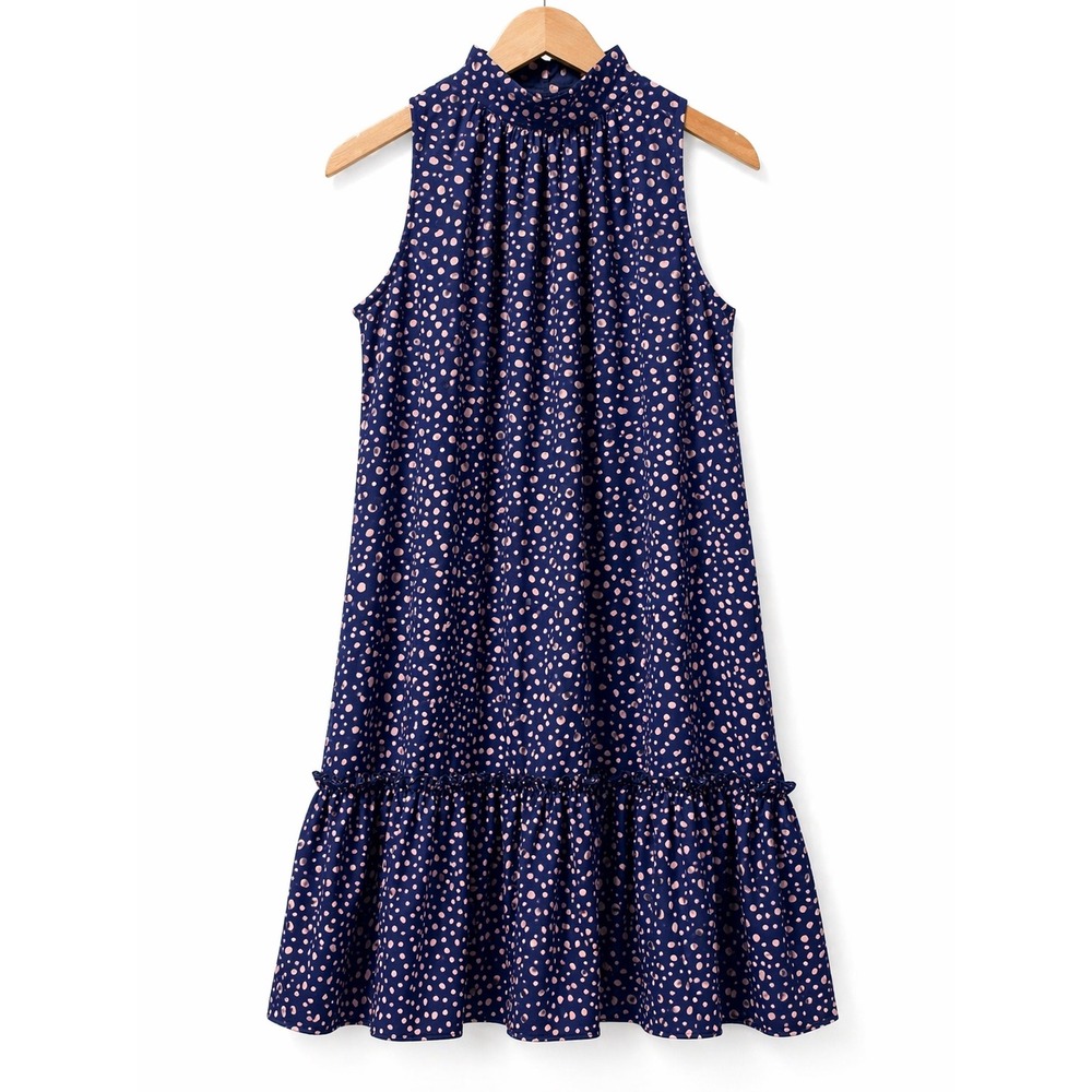 Sam Edelman Navy Pink Polka Dot High Neck Ruffle Hem Shift Dress XS - Picture 1 of 8